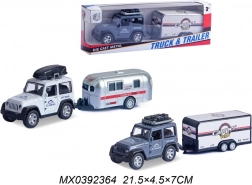 Terenski džip s prikolico za kampiranje – kovinski model na vzmetni pogon (pull-back)