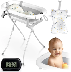 Zložljiva otroška kad s stojalom, termometrom in vložkom Ricokids, belo‑siva