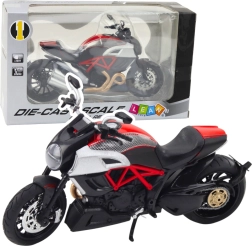 kovinski športni motocikel 1:12 z lučmi in zvoki – črn z zlatimi in rdečimi elementi