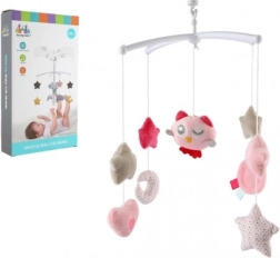 Vrtiljak nad posteljico s sovico – navijalni glasbeni mobil, rožnat