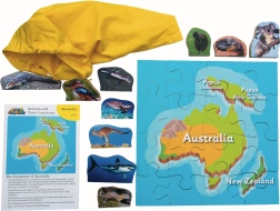 Lesena sestavljanka Avstralija in njene živali, 16 koščkov in 10 živali
