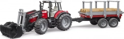 BRUDER traktor MASSEY FERGUSON 7480 s čelnim nakladalnikom in prikolico za hlode