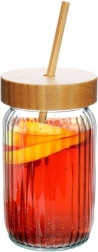 Rebrast stekleničen kozarec za pijače z bambusovim pokrovom in slamico 500 ml