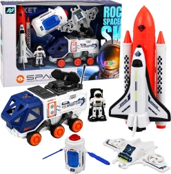 Space set with a rocket, space shuttle, satellite, drone, astronaut, and rover