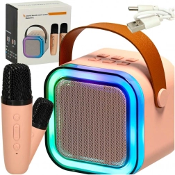 Karaoke set z bluetooth zvočnikom, 2 brezžična mikrofona in LED osvetlitvijo 6 W – rožnata