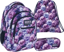 Šolski set BackUP Violet Flowers 3v1 – nahrbtnik, peresnica in vrečka