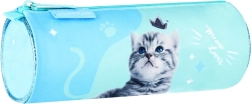 Blue cylindrical pencil case with kitten