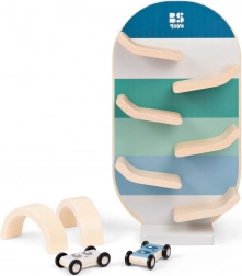 lesena dirkalna steza z avtomobilčki in loki