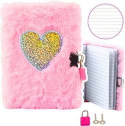 Plišasti dnevnik z ključavnico, rožnato srce A6, 80 listov