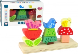 Lesena sestavljanka cvet, metulj in ptica