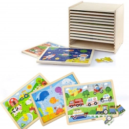 Lesene sestavljanke Viga – komplet 12 okvirnih puzzlov s 24 koščki na stojalu