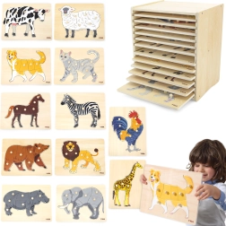 Komplet lesenih puzzlov 12 živali Montessori s stojalom Viga