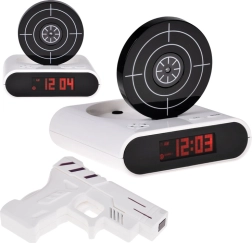 Budilka s strelskim tarčom in pištolo, igra in snemanje alarma