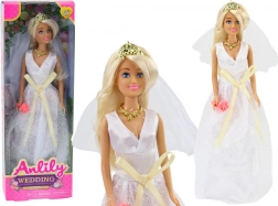 Lutka Anlily v poročni obleki s cvetlično šopkom in krono