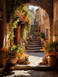 Diamantno slikanje ulica okrašena s cvetjem 30 × 40 cm