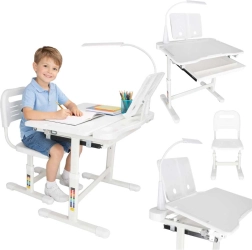 Children's adjustable desk with chair and LED lamp, white