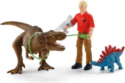 schleich dinosaurs napad tiranozavra rexa – igralni set s t-rexom, stegozavrom in raziskovalcem
