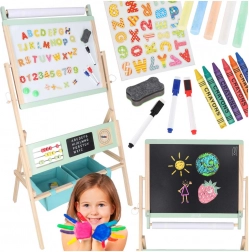 Lesena otroška dvostranska tabla LULILO Kredo 3v1 z magneti, papirjem in koši