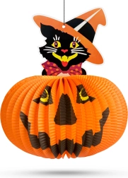 Papirnati halloween lampijon v obliki buče z motivom mačke – 1 kos