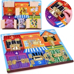 Lesena senzorična manipulativna plošča s ključavnicami in številkami