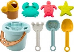 Pastelni komplet za pesek z vedrom, lopatko, grabljicami, cedilom in modelčki