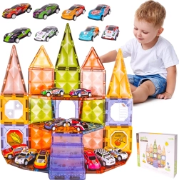 Magnetic building set with toy cars, 62 pcs