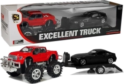 Komplet vozil rdeči monster truck s prikolico in črnim BMW 58 cm