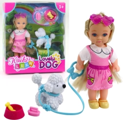 Mini punčka s psičkom na povodcu in skledico s kostjo