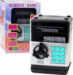 črni sef steklena hranilnica s PIN kodo in svetlobnimi ter zvočnimi učinki