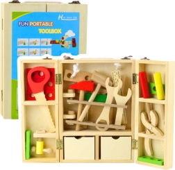 Lesena škatla z orodjem za male mojstre v kovčku, 35 kosov