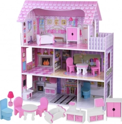 Rožnata lesena hišica za punčke z pohištvom in LED osvetlitvijo