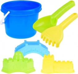 Plažna komplet za pesek z vedrom, lopatko, grabljami in modelčki