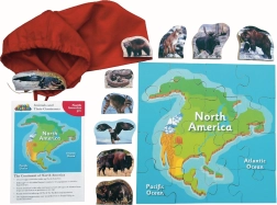 Severna Amerika in njene živali – lesena sestavljanka 16 koščkov in 10 živali