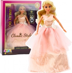 Lutka Anlily v pudrovo rožnati večerni obleki, gibljivi udi, blond lasje