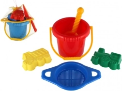 Plastični komplet za pesek z vedrom, sitom, lopatko in 2 modelčkoma