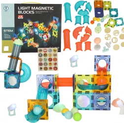 Magnetne gradbene kocke z osvetljenim krogličnim toboganom – 49 elementov