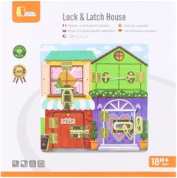 Lesena manipulativna tabla hišica Montessori z ključavnicami in zapahi