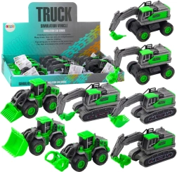 Gradbeno vozilo z navijalnim (frikcijskim) pogonom – mini bager, nakladalnik ali buldožer, zeleno