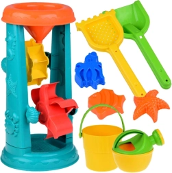 Velik komplet peskovnih igrač s vedrom, grabljicami in vodnim kolesom