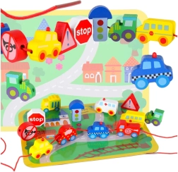 Lesene natikajoče kocke – vozila in prometni znaki z igralno podlogo