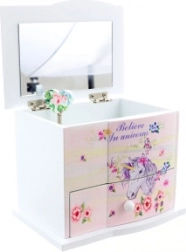 Lesena glasbena škatlica za nakit z samorogom z ogledalcem in predalom