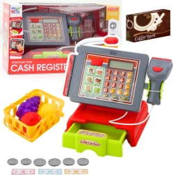 Otroška blagajna z dodatki, košarico in sadjem – lučke in zvoki, rdeča