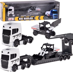 Maisto kovinski set SCANIA 770S z nizkopodno prikolico in nakladačem 1:64
