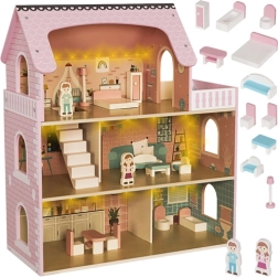 Lesena hišica za punčke z LED osvetlitvijo in pohištvom KRUZZEL