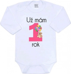 Dojenčkov bodi s potiskom New Baby Že imam 1 leto, rožnat
