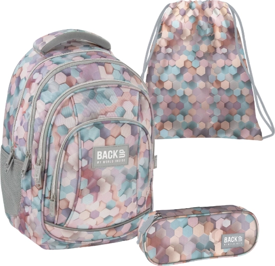 Šolski set BackUP Geometric Beige 3v1 – nahrbtnik, peresnica in vreča