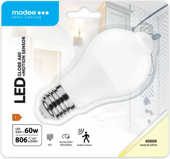 Modee Lighting pametna LED žarnica A60 8,8 W E27, nevtralno bela s PIR senzorjem gibanja
