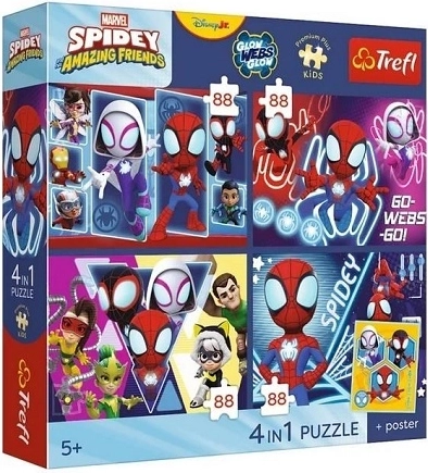 Trefl Spidey in njegovi čudoviti prijatelji – komplet sestavljank 4×88 kosov s plakatom
