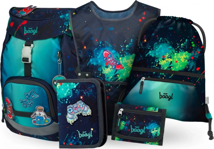 Baagl komplet Airy Chill: šolski nahrbtnik, peresnica, vrečka, predpasnik, denarnica