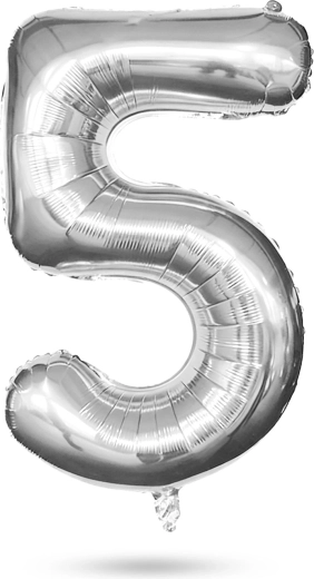 Rojstnodnevni folijski balon v obliki številke 5, srebrn, 40 palcev